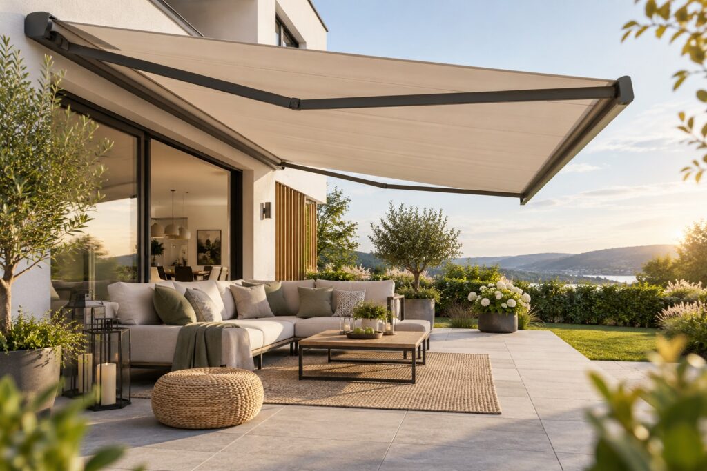 Terrasse mit ausgefahrener Markise und Sitzbereich