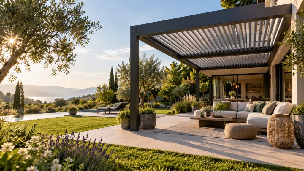 Moderne Terrasse mit Lamellendach und Garten